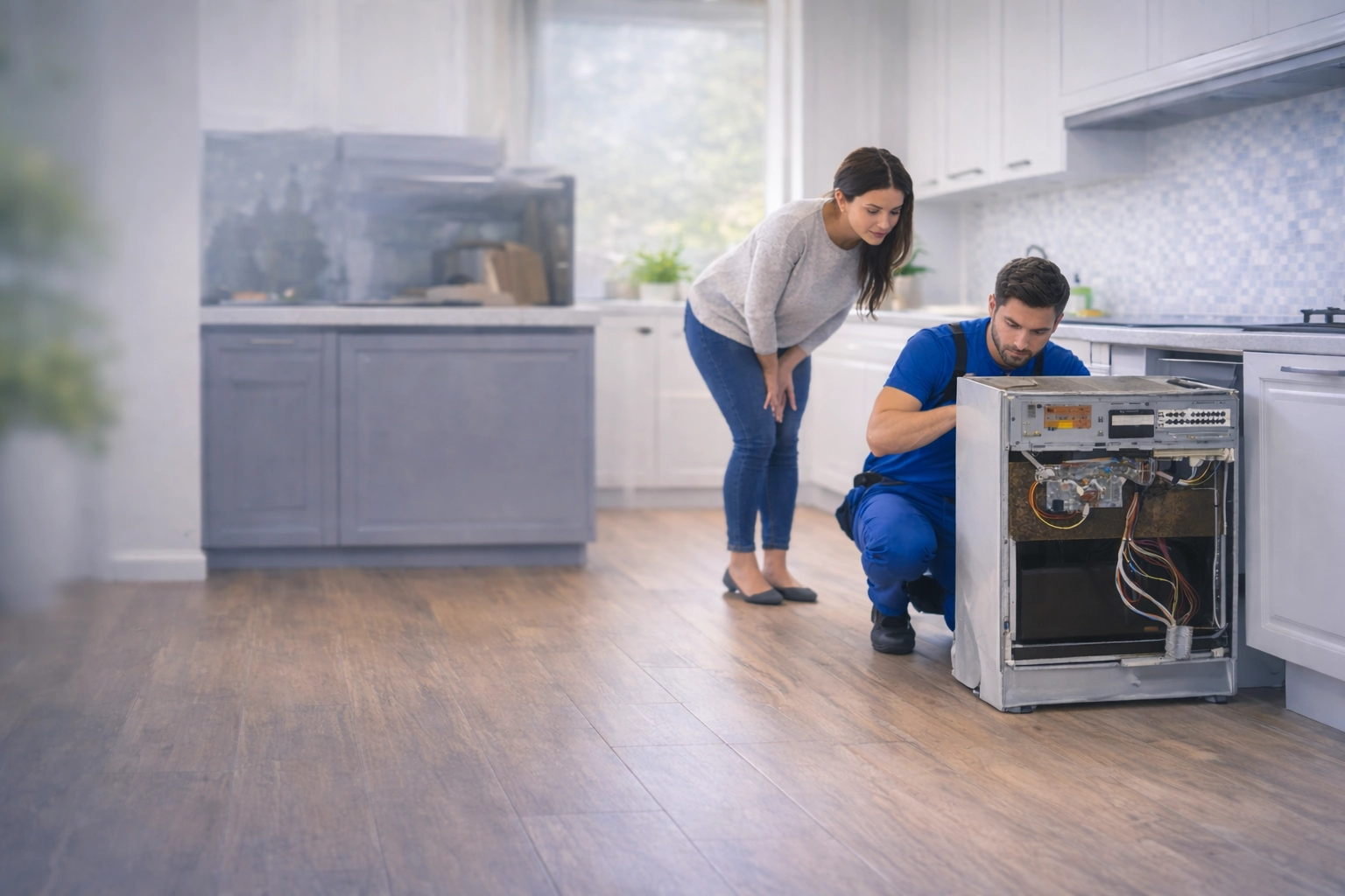 Appliance repair technician servicing a dishwasher in Denver, CO